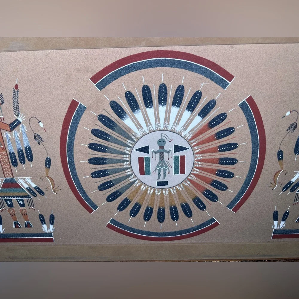 Vintage Indian Native American Navajo Sand Art Painting Signed Wood Framed 17x29